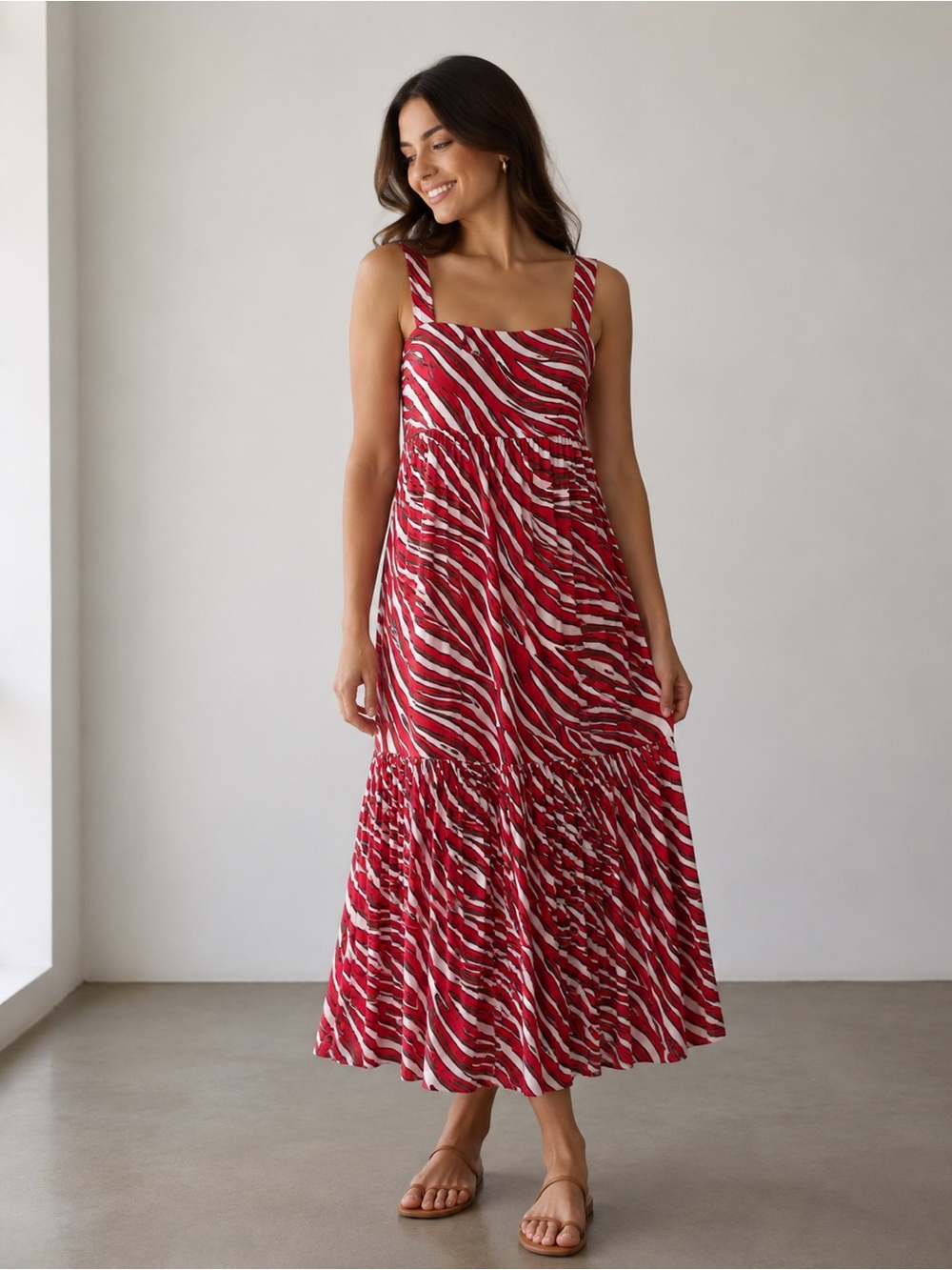 MICHAEL Michael Kors Red and White Zebra-Print Square Neck Midi Dress